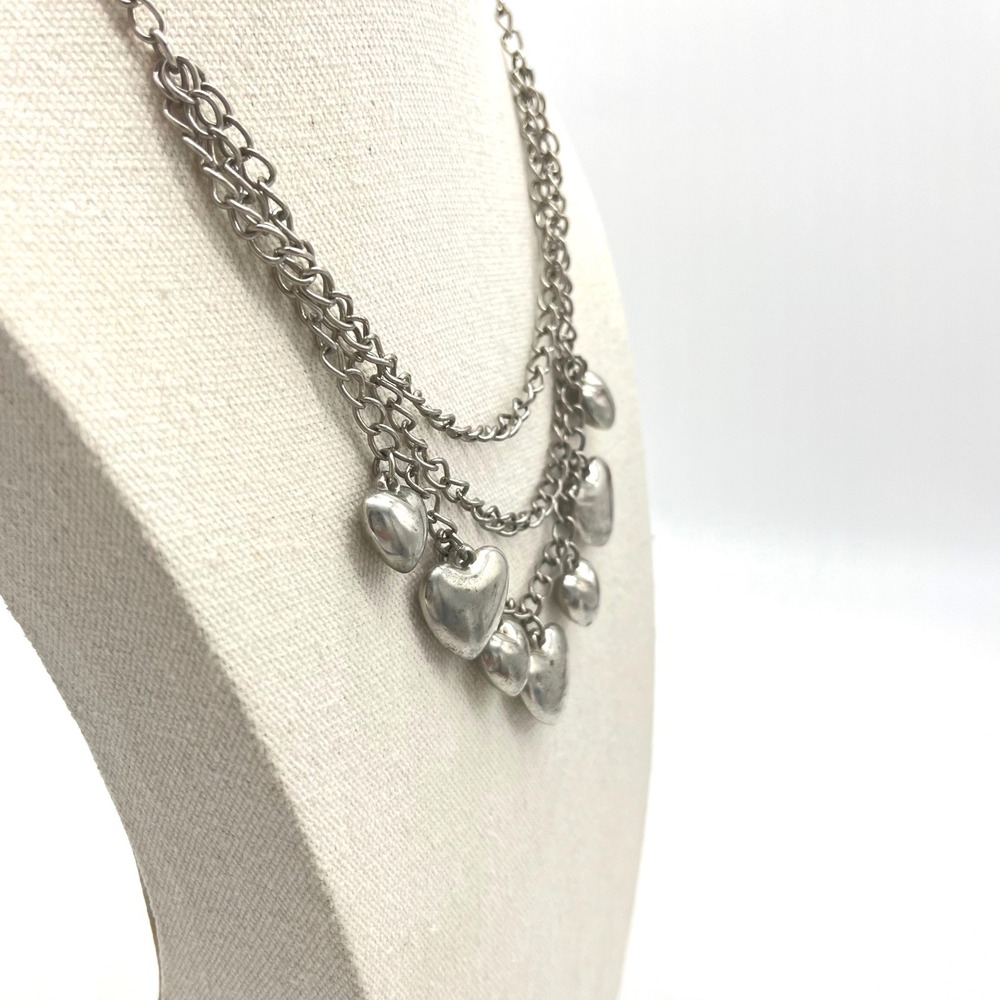 Silver Tone Multi Strand Heart Charm Necklace Layered‎ Choker Style - Picture 5 of 7